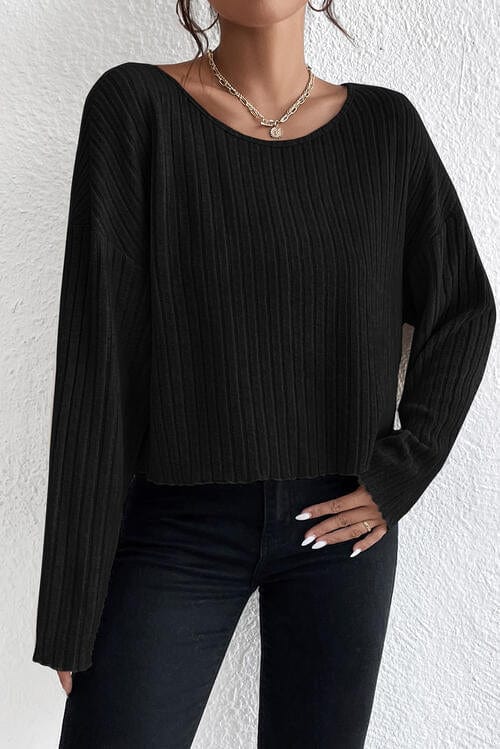 Laken Jay Ribbed Round Neck Drop Shoulder Long Sleeve Top