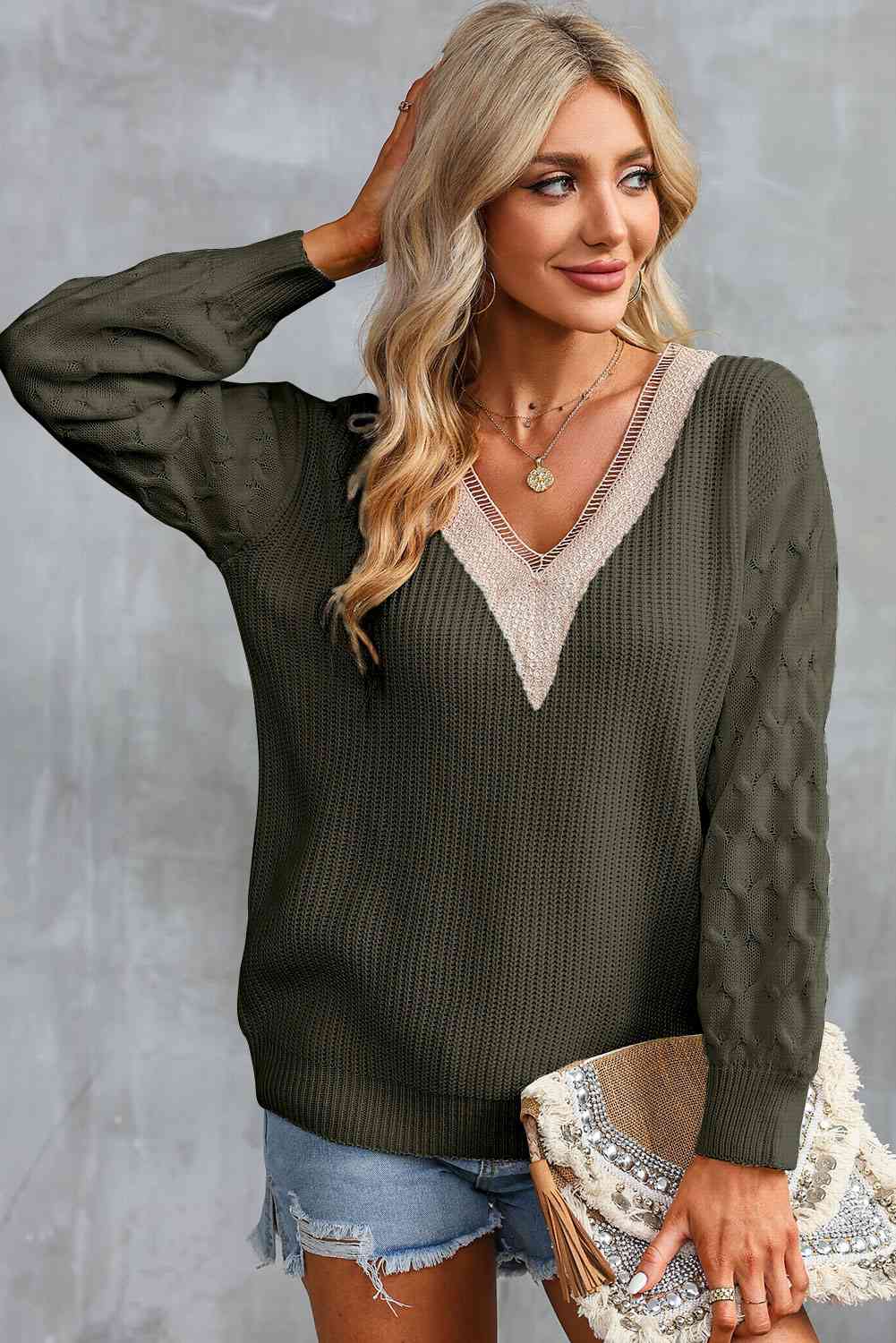 KnittedEmporium Full Size Contrast V-Neck Sweater