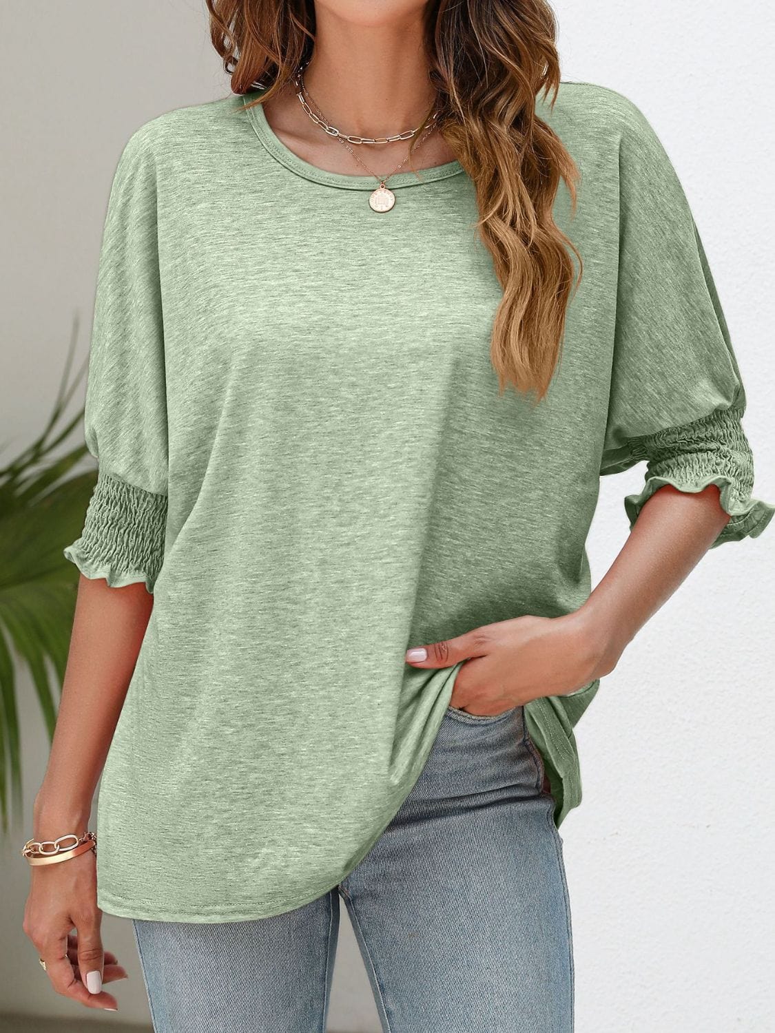 Full Size Smocked Flounce Sleeve Round Neck T-Shirt