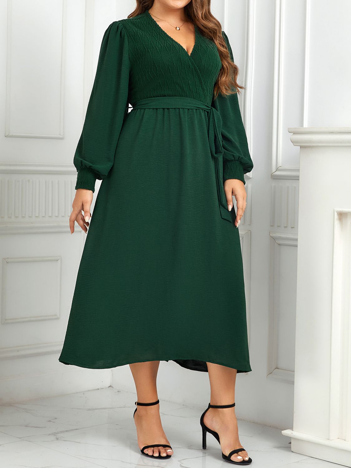 Plus Size Green Surplice Neck Tie Waist Long Sleeve Midi Dress