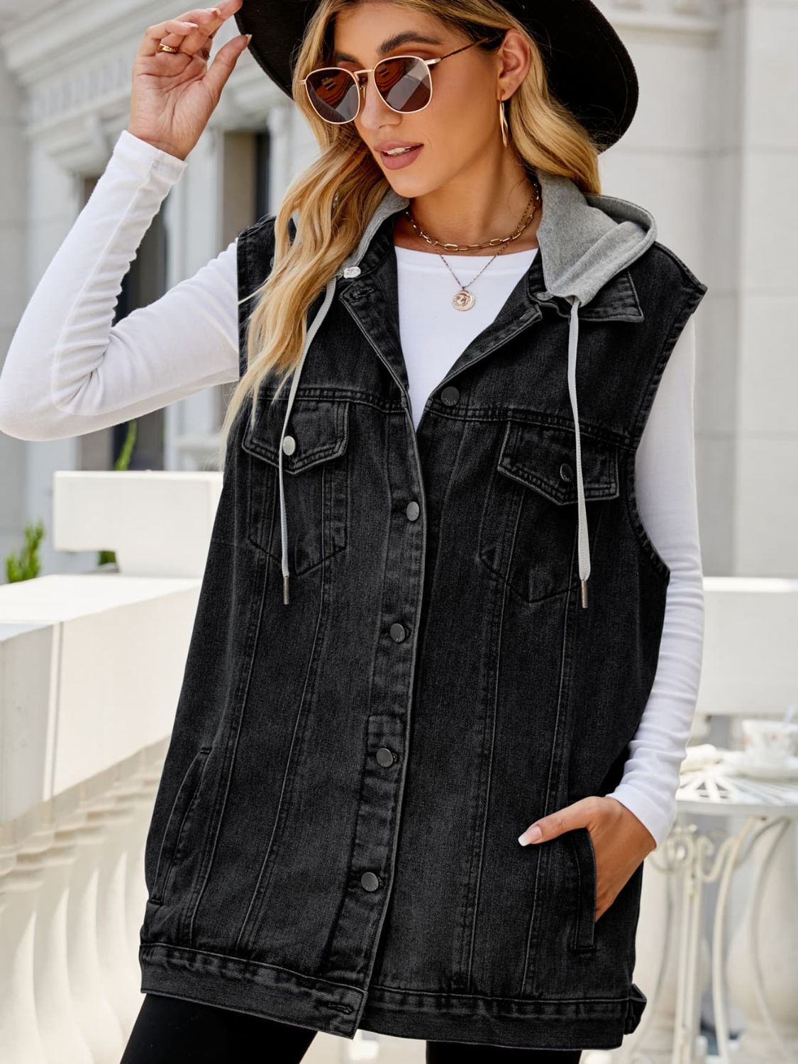 Women's Drawstring Hooded Sleeveless Denim Top with Pockets