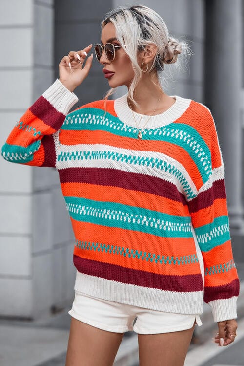 LoversLane Striped Round Neck Multi Colored Long Sleeve Sweater