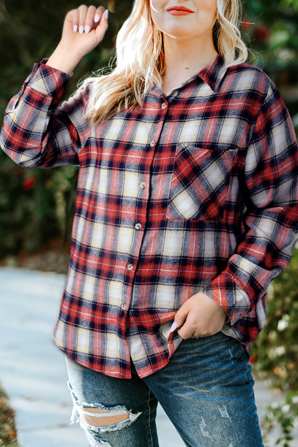 Women's Plus Size Plaid Collared Neck Red Shirt