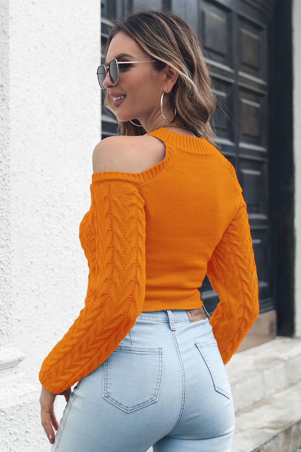 Brilliant Spark Cable-Knit Cold-Shoulder Sweater in Lavender, Blue or Pumpkin