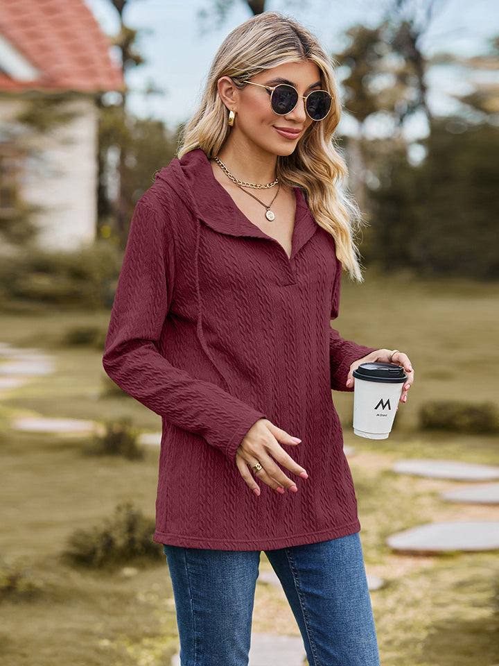 Full Size Cable-Knit Hooded Blouse