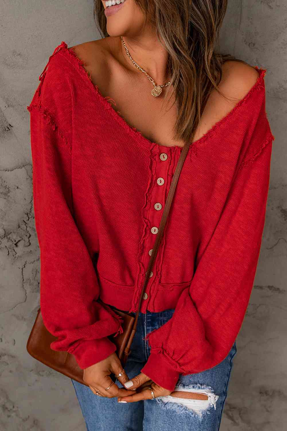 FULL SIZE Red Button Front Frayed Trim Knit Top