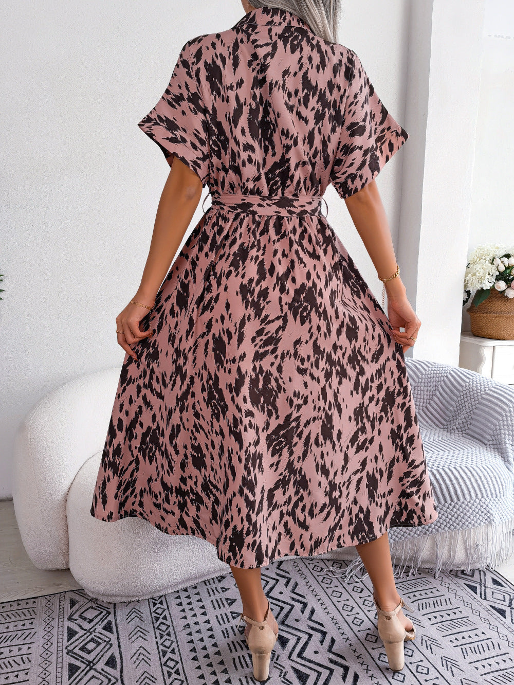 Penelope Printed Collared Neck Short Sleeve Tie Waist Dress