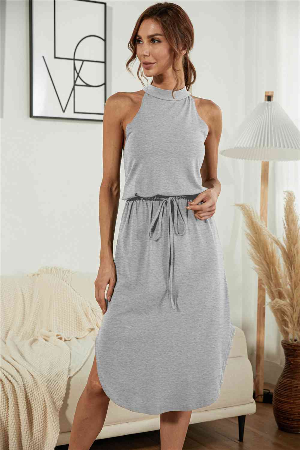 Full Size Drawstring Open Back Slit Sleeveless Dress