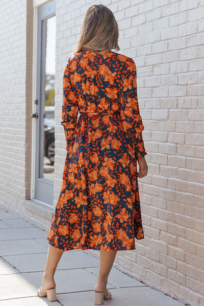 Printed Tie Front Smocked Long Sleeve Dress