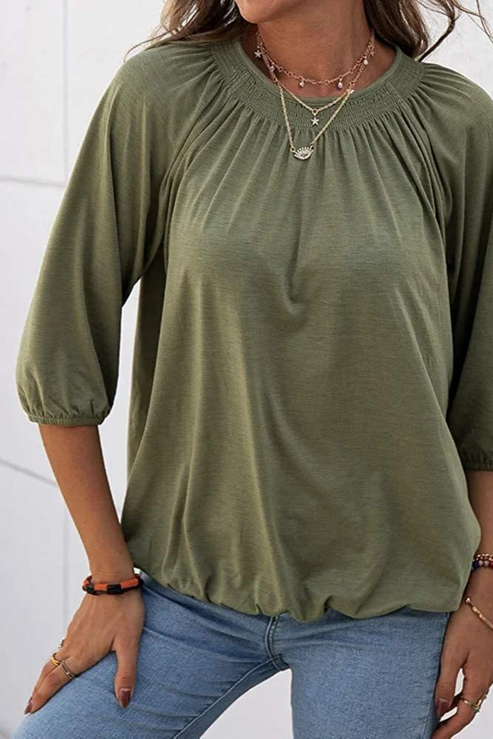 Full Size Gathered Detail Round Neck T-Shirt