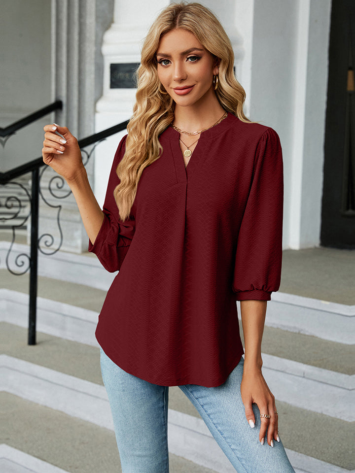 Full Size Notched Neck Three-Quarter Sleeve Blouse