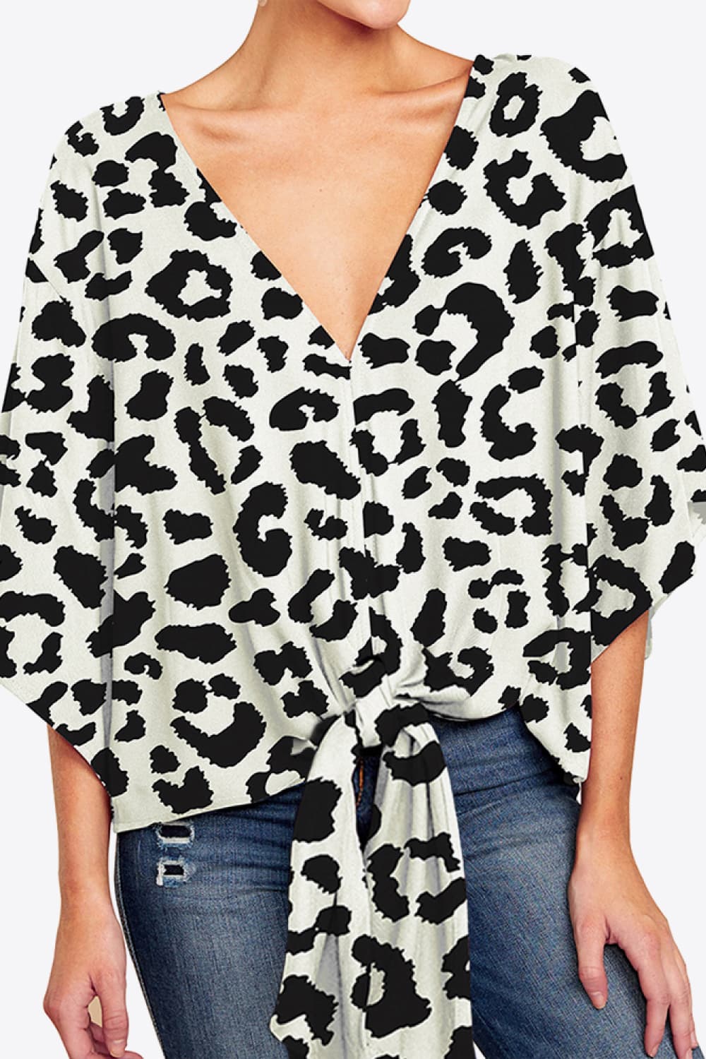 Full Size Printed Deep V Tie Hem Blouse