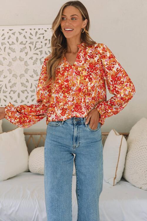 Pumpkin Orange Floral Notched Balloon Sleeve Blouse