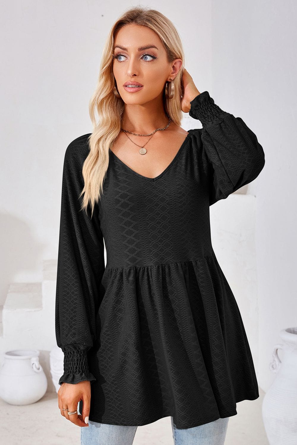 Full Size V-Neck Lantern Sleeve Blouse