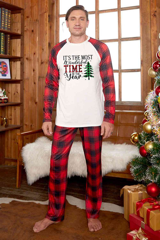 UNISEX ADULT PJ Full Size Christmas Slogan Graphic Top and Plaid Pants Set