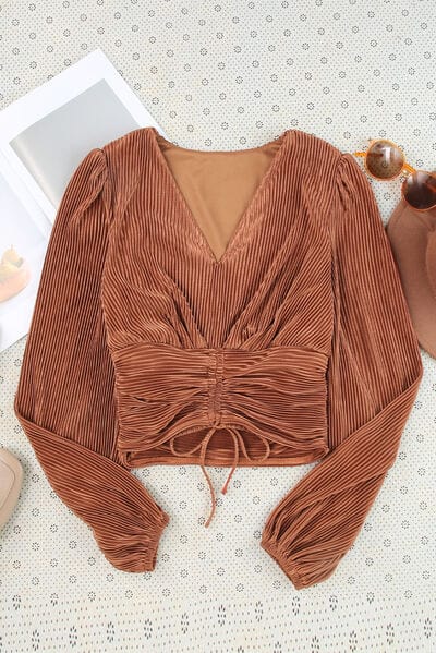 Drawstring V-Neck Balloon Sleeve Blouse