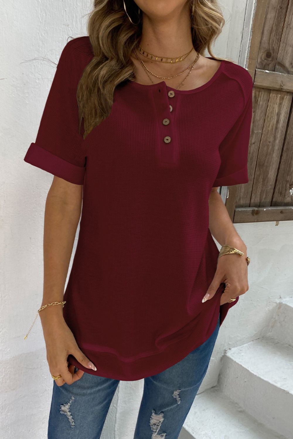 Full Size Cuffed Sleeve Henley Top