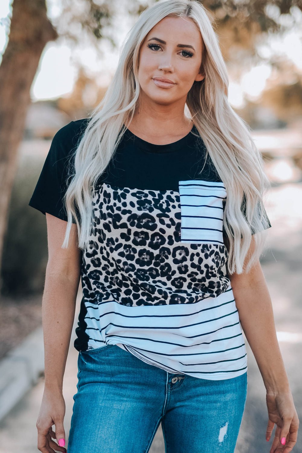 Women's Full Size Mixed Print Color Block Round Neck Tee Shirt
