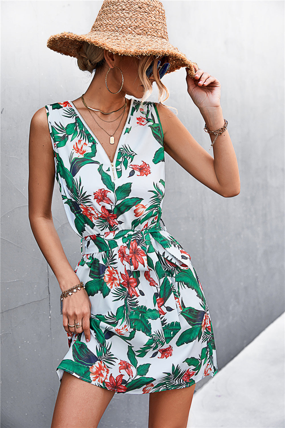 Women's Printed Zip Detail Belted Sleeveless Dress