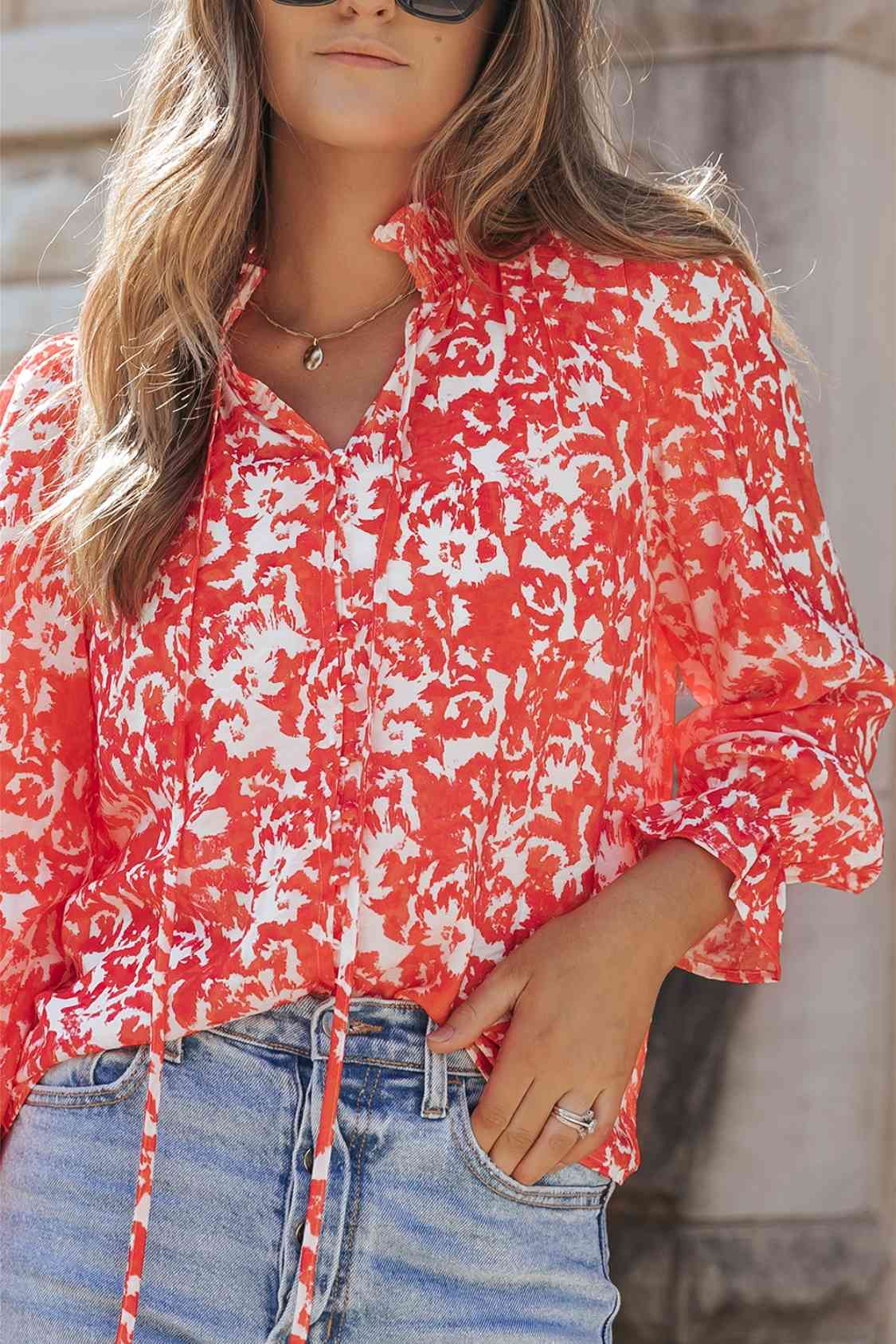 Deep Red Printed Tie Neck Flounce Sleeve Blouse