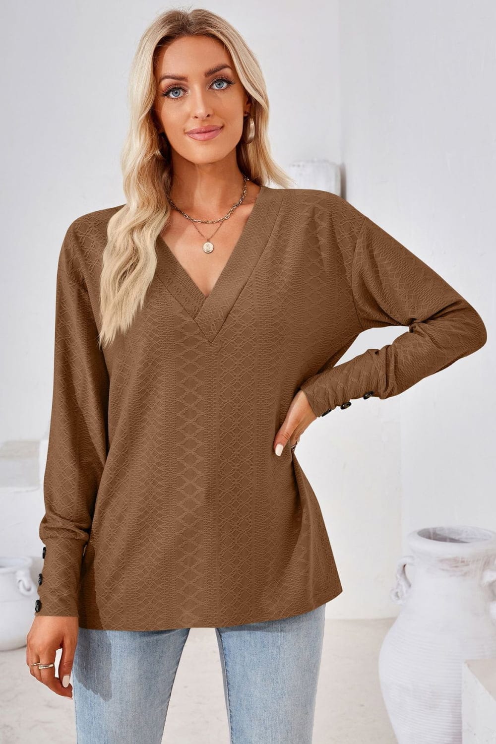 Full Size V-Neck Long Sleeve Blouse