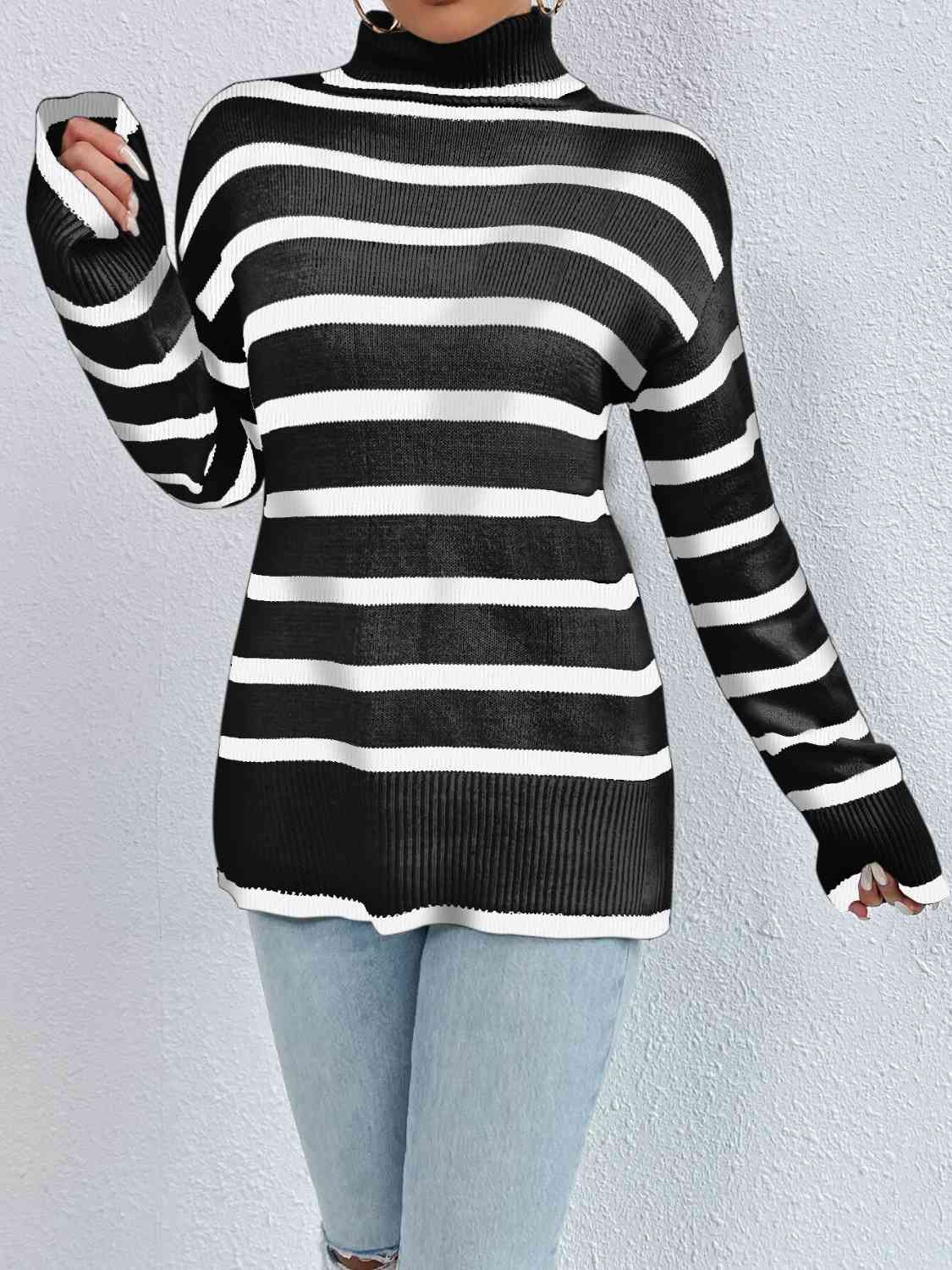 KnittedEmporium Full Size Striped Turtleneck Drop Shoulder Sweater