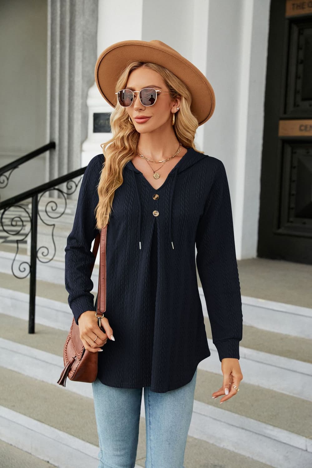 Full Size Long Sleeve Hooded Blouse