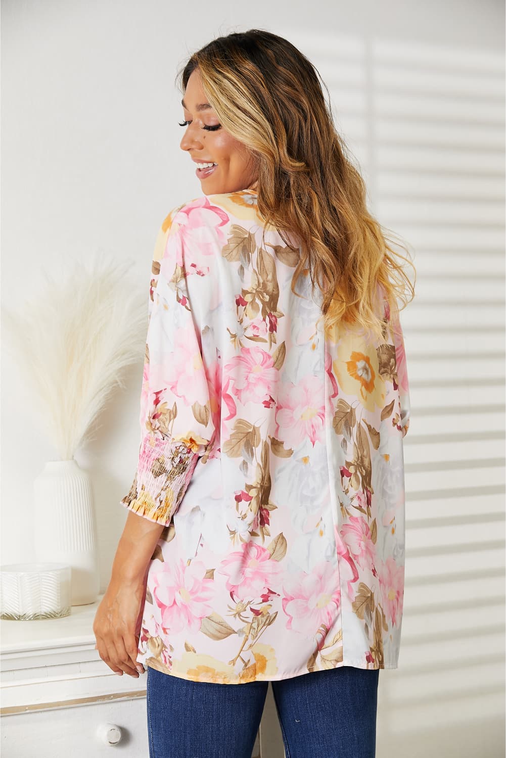 Double Take Blush Pink Floral Round Neck Three-Quarter Sleeve Top