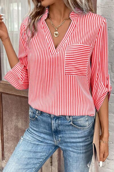 Striped Notched Roll-Tab Sleeve Shirt