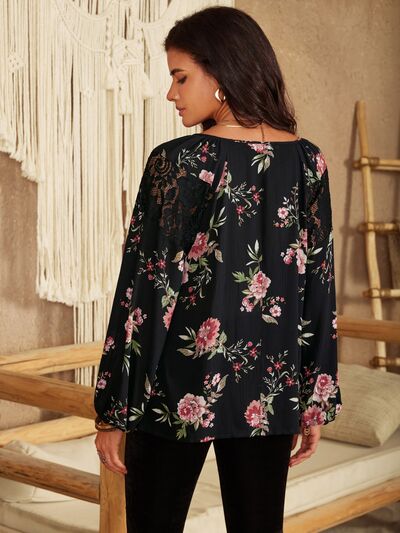 Women's CallistaAnn Flower Printed Tie Neck Long Sleeve Blouse