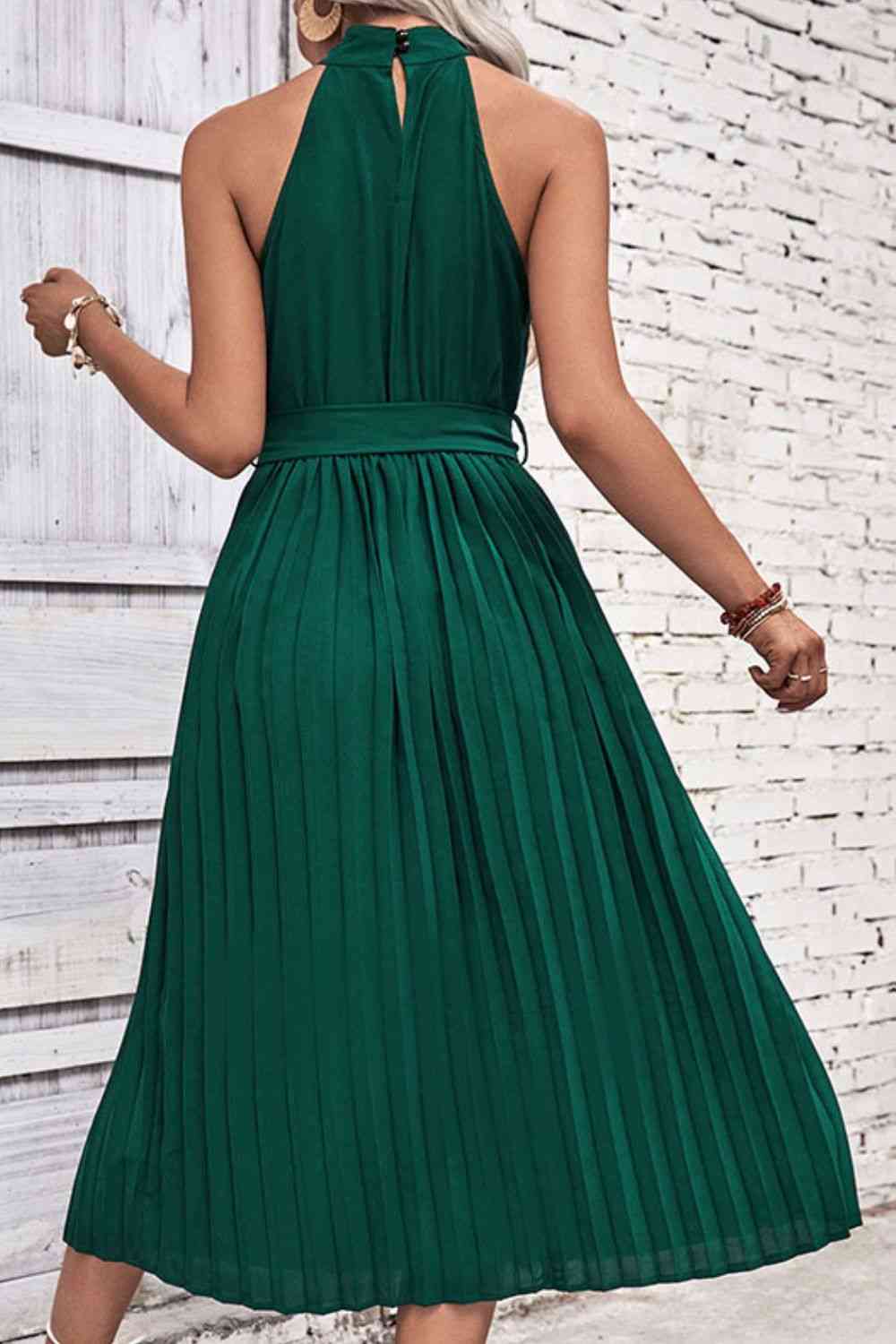 Forest Green Tie Belt Pleated Midi Dress