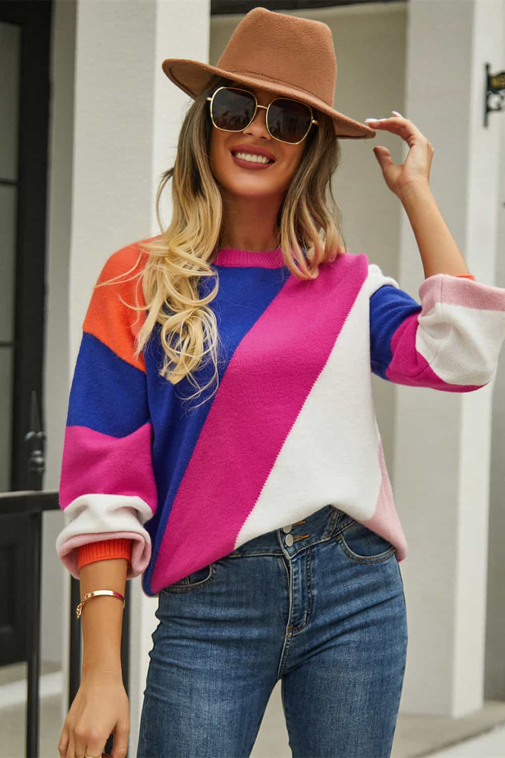 ZELDAlea Color Block Round Neck Long Sleeve Sweater