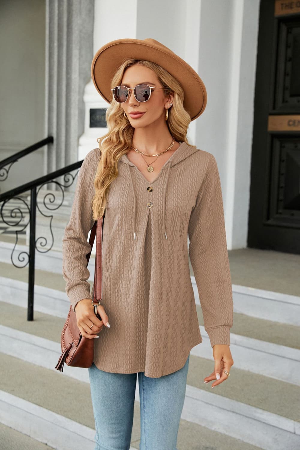 Full Size Long Sleeve Hooded Blouse