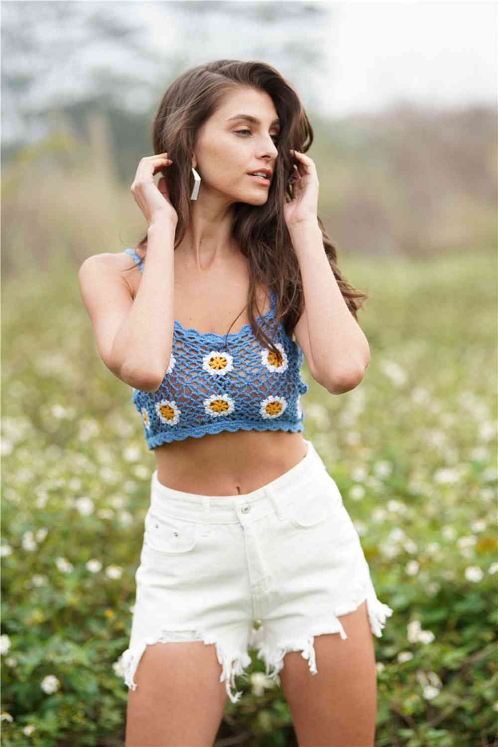 Azure Floral Crochet Cropped Cami