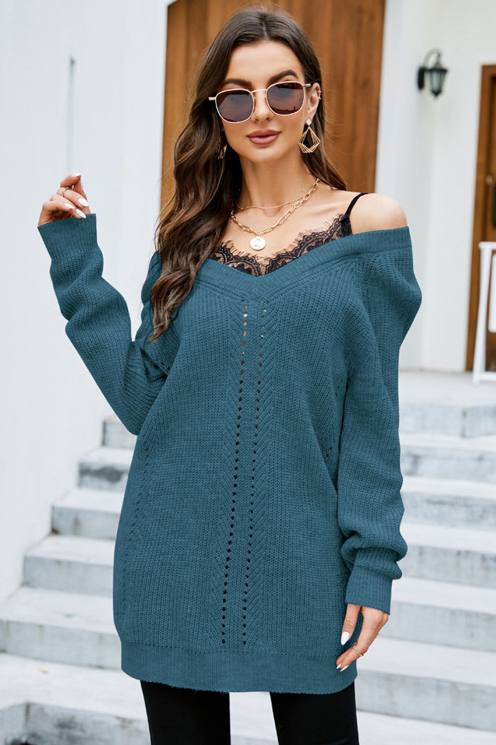 ZELDAlea Openwork V-Neck Long Sleeve Sweater