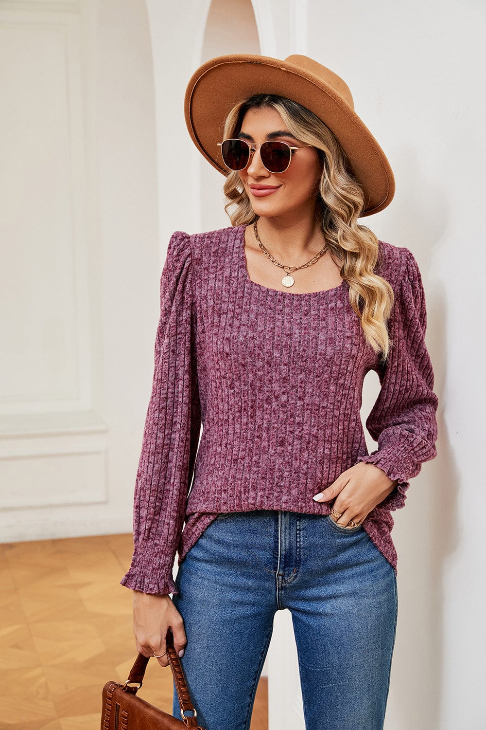 Full Size Square Neck Puff Sleeve Top