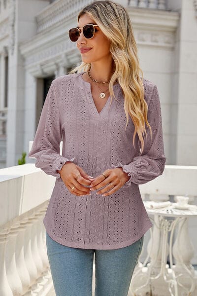 Laura Jay Eyelet Notched Lantern Sleeve T-Shirt