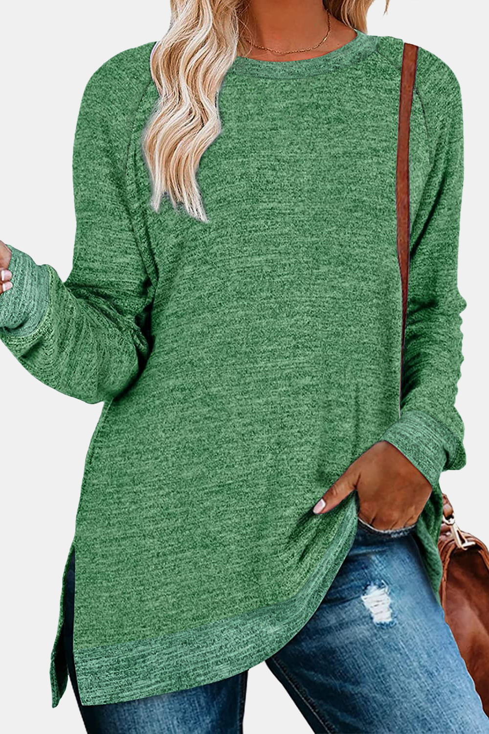 Full Size Round Neck Long Sleeve Slit T-Shirt