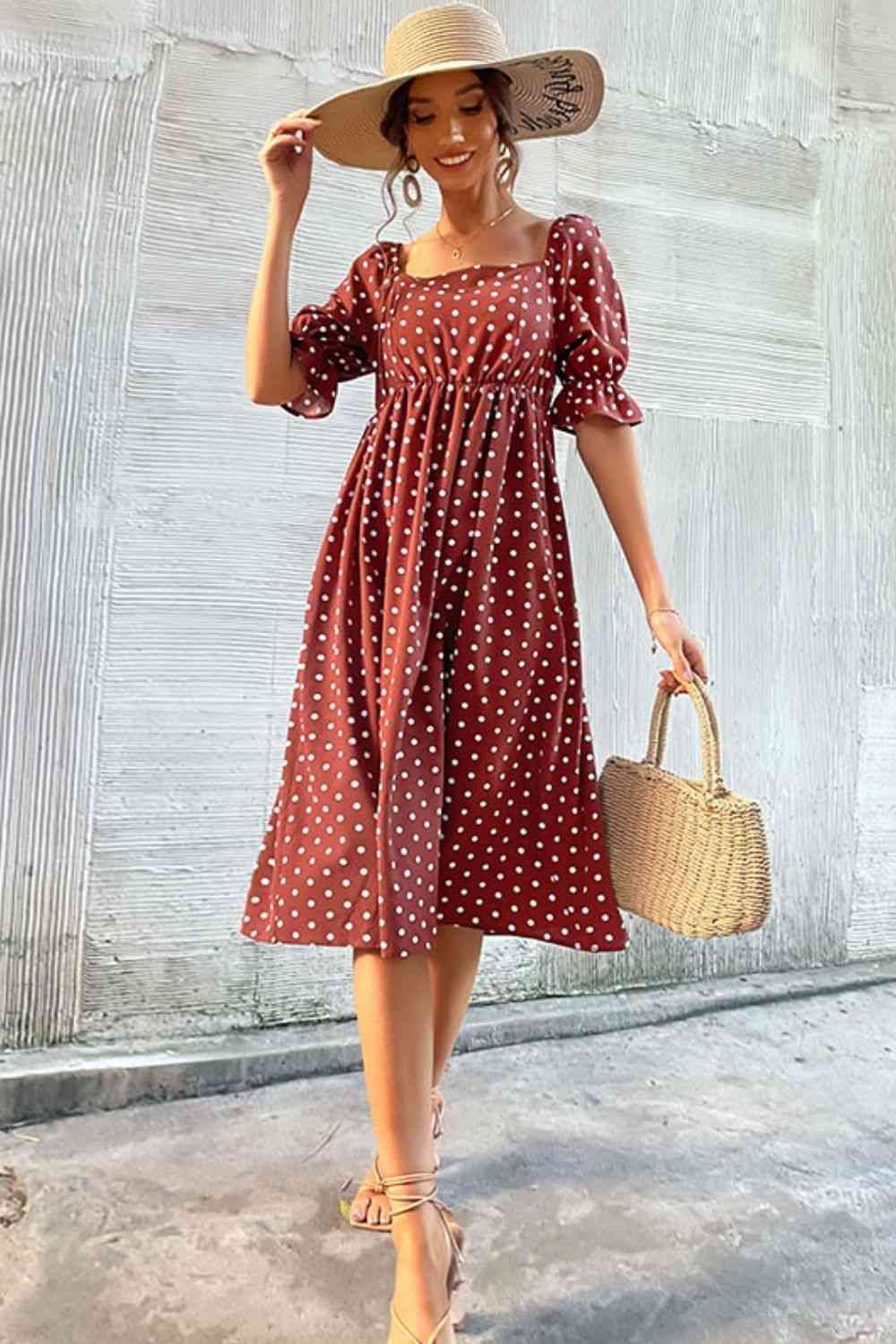 Polka Dot Square Neck Flounce Sleeve Rust Red Dress