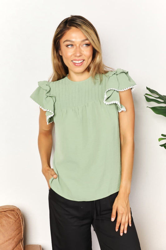 Double Take Gum Leaf Pleated Detail Flutter Sleeve Blouse