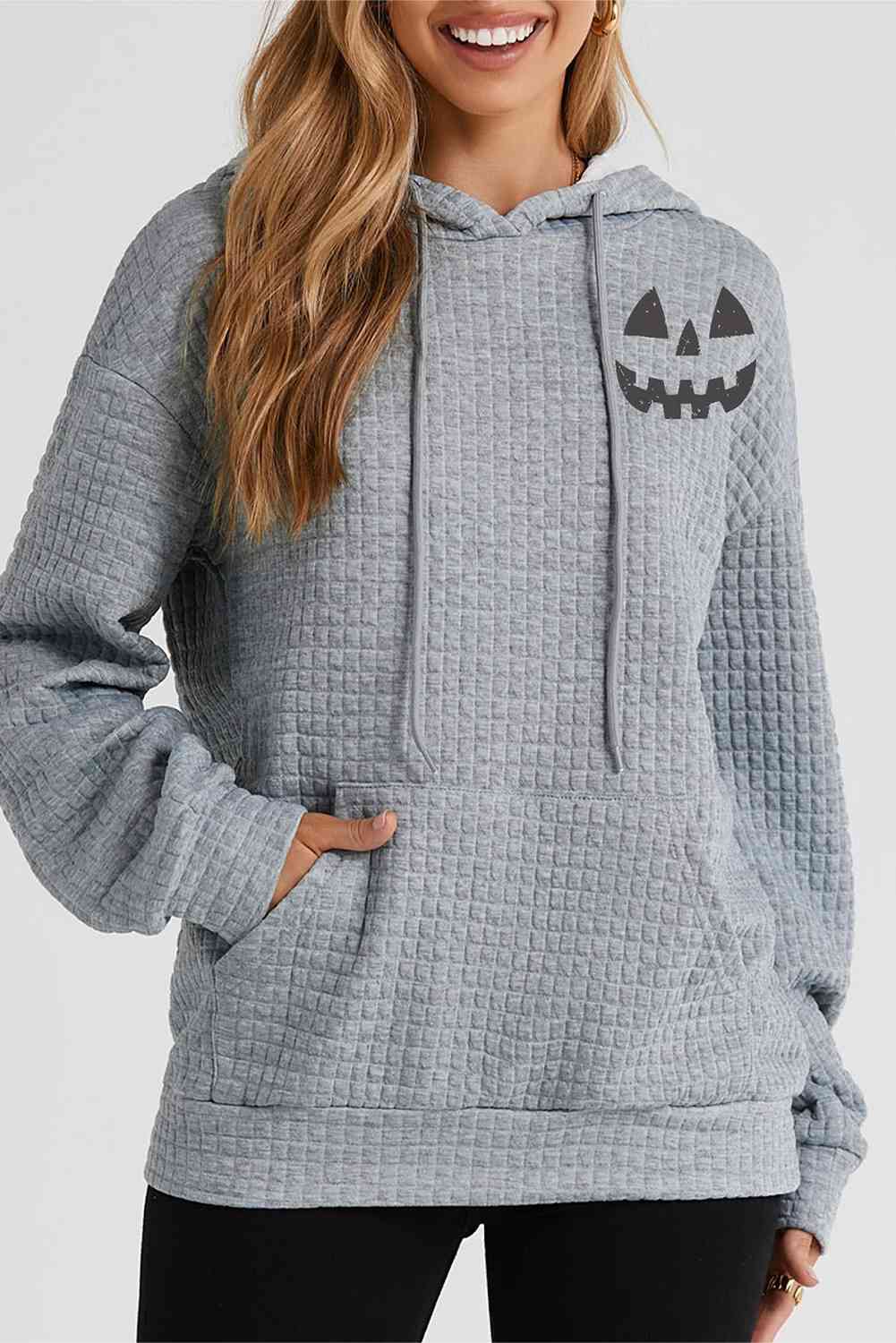 SEASONAL FALL Pumpkin Face Graphic Charcoal Drawstring Hoodie with Pocket