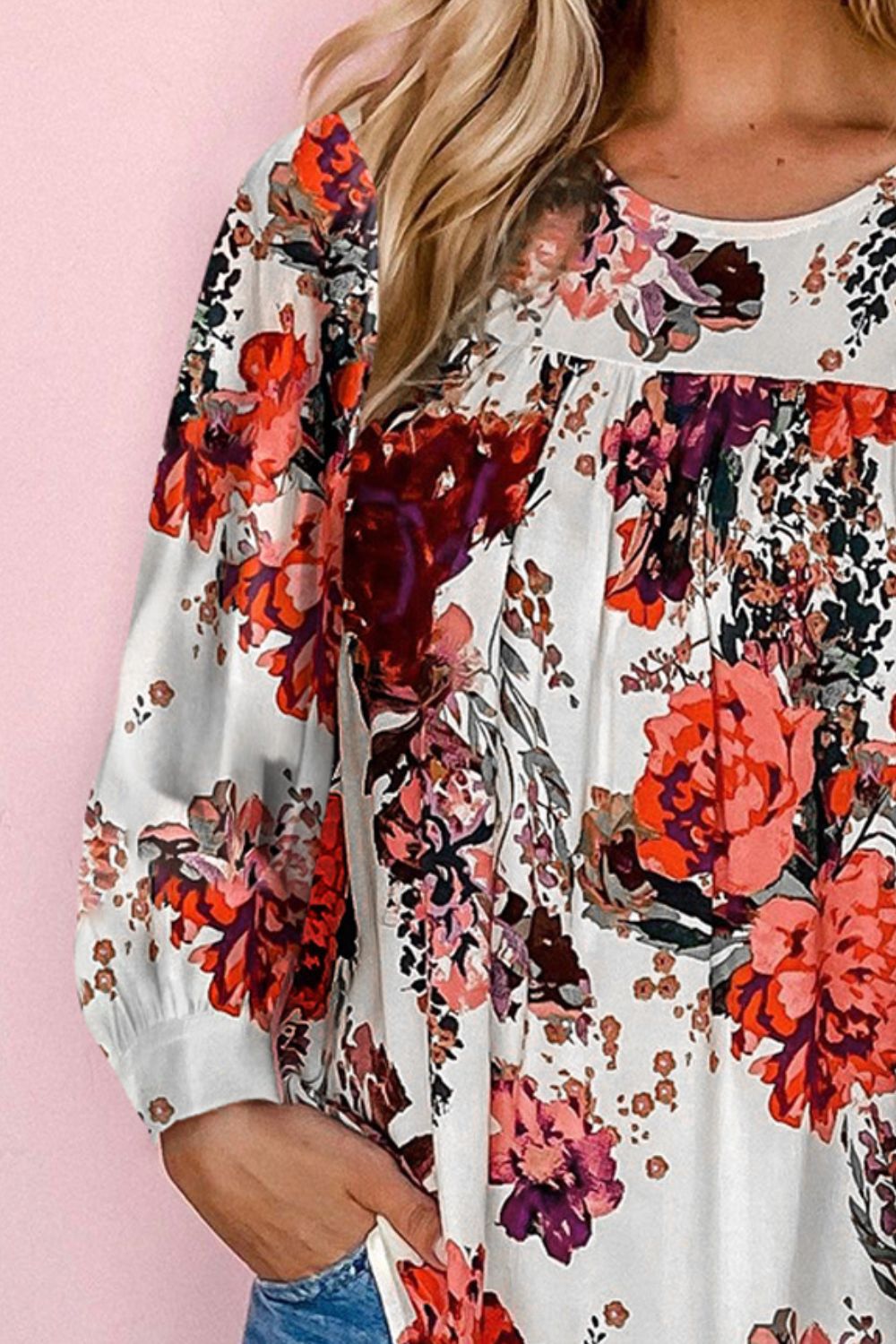 Full Size Floral Print Round Neck Long Sleeve Blouse