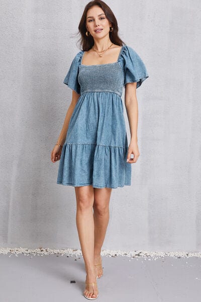 Larissa Bea Smocked Square Neck Mini Denim Dress