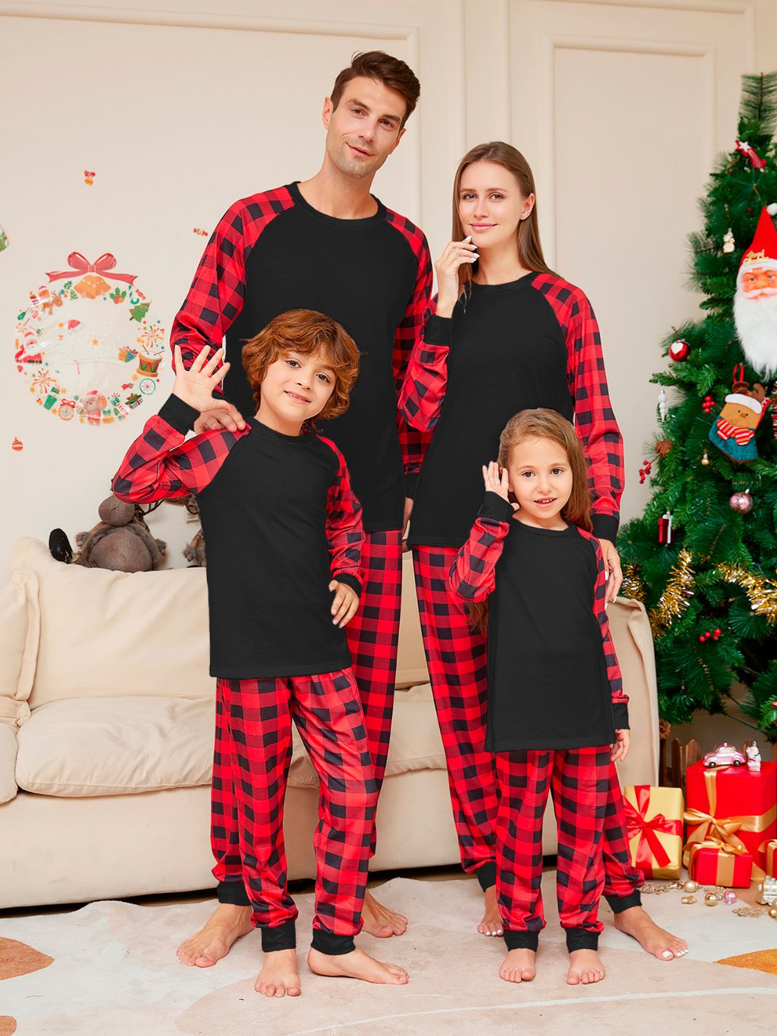 UNISEX ADULT PJ Christmas Full Size Raglan Sleeve Top and Plaid Pants Set