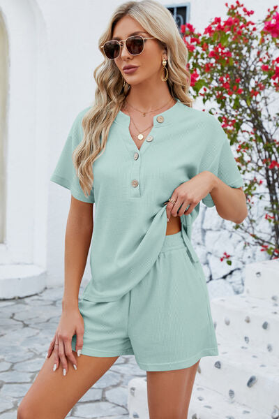 Adryane Jay Notched Button Detail Dropped Shoulder Top and Shorts Set