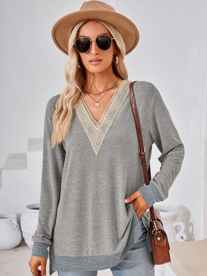 Crochet Contrast V-Neck Long Sleeve Slit T-Shirt