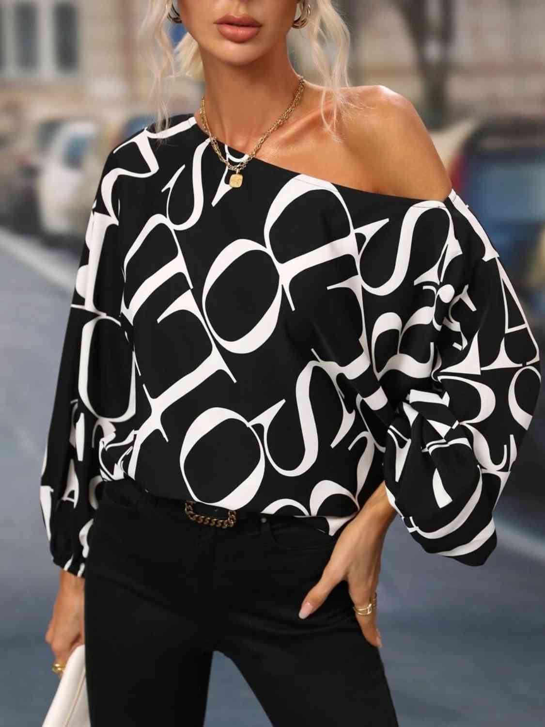 Full Size Printed Boat Neck Blouse