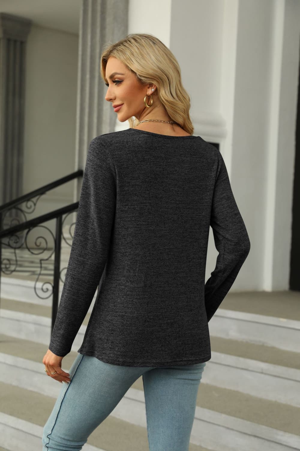 Full Size Square Neck Long Sleeve Slit T-Shirt