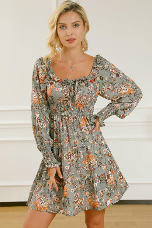 Printed Smocked Lantern Sleeve Multicolor Tiered Dress