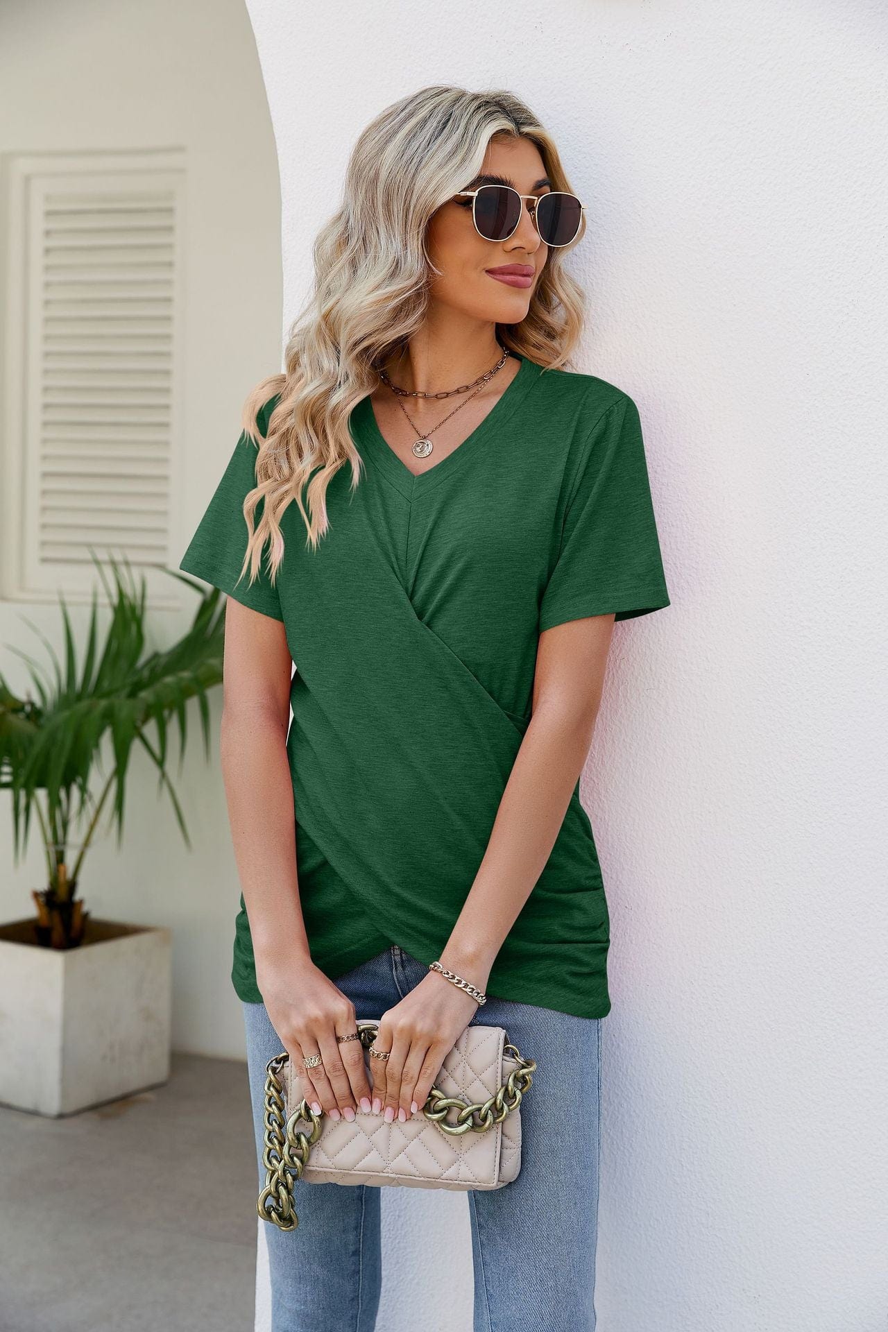 Full Size V-Neck Crisscross Short Sleeve Tee